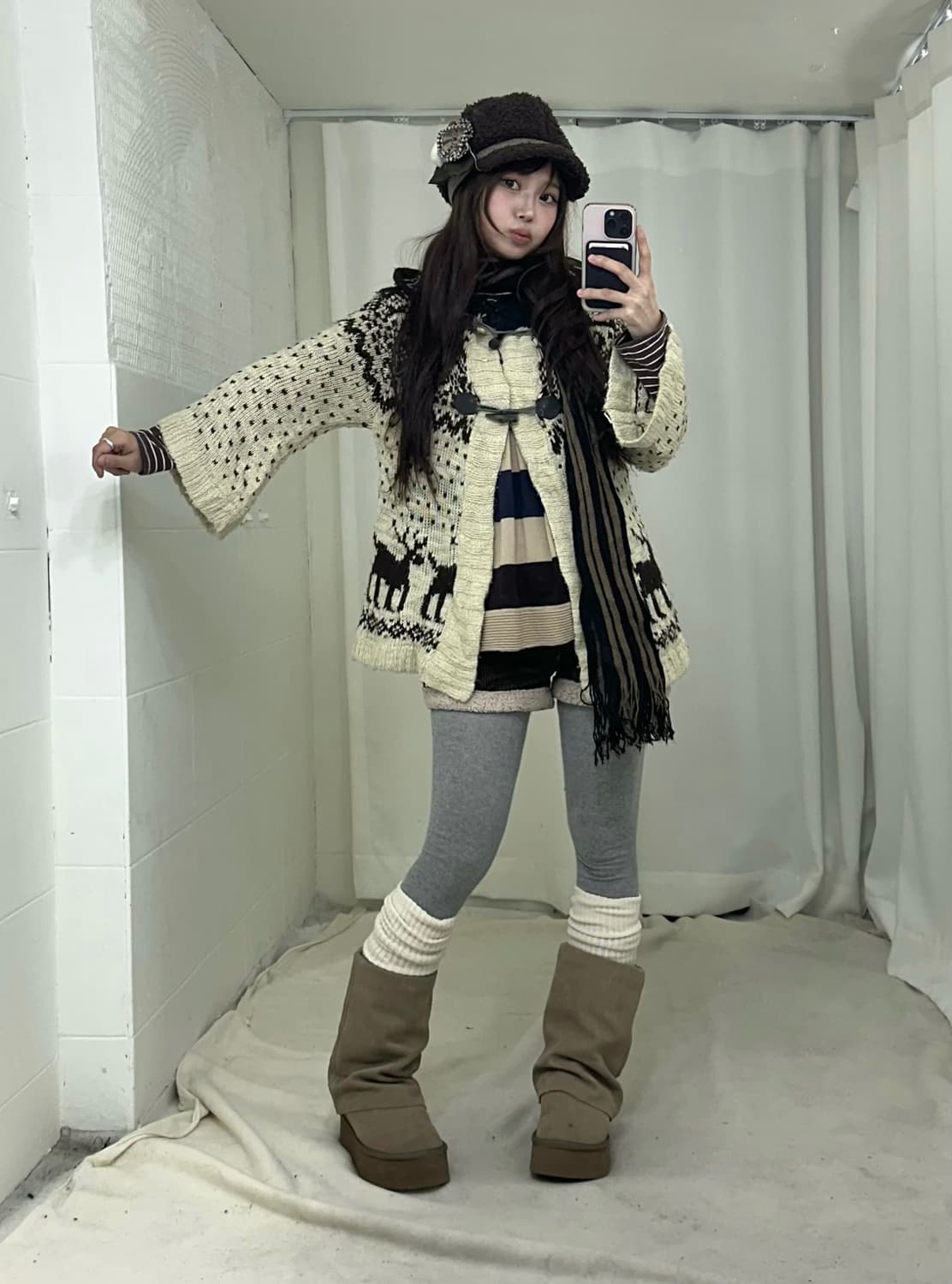 브라운 모카무스 노르딕 모리걸 뽀글이 반바지 코디세트 상품이미지1