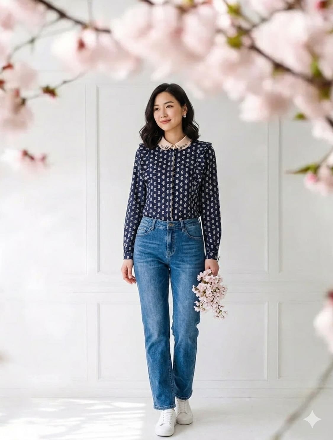 온앤온 on&on 스톤 배색 카라 패턴 블라우스 55 상품이미지1