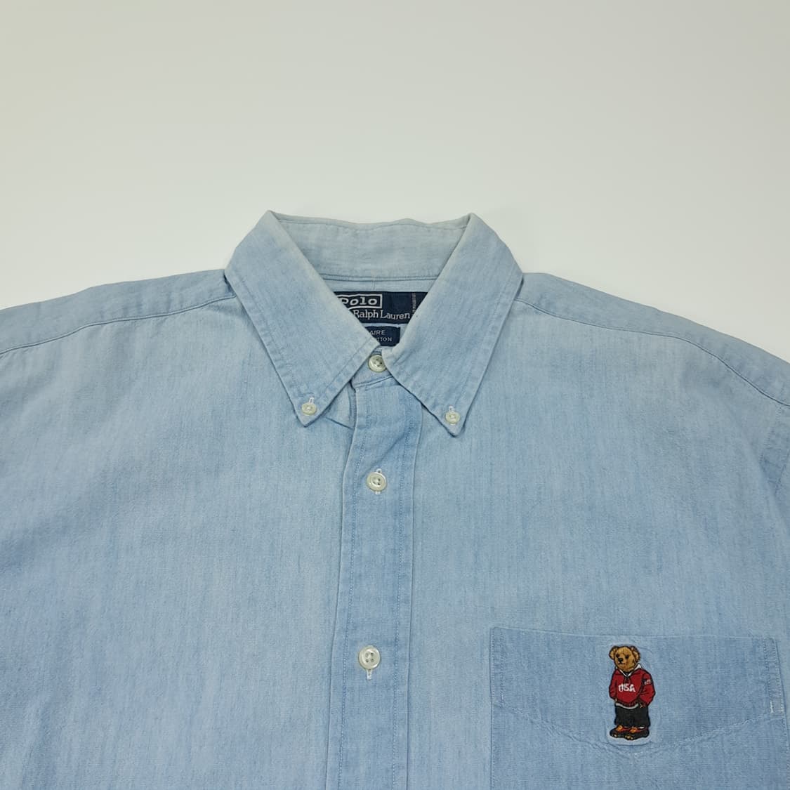 CL063 폴로 코튼 90s블레어 USA후디베어 연청 샴브레이셔츠 상품이미지2