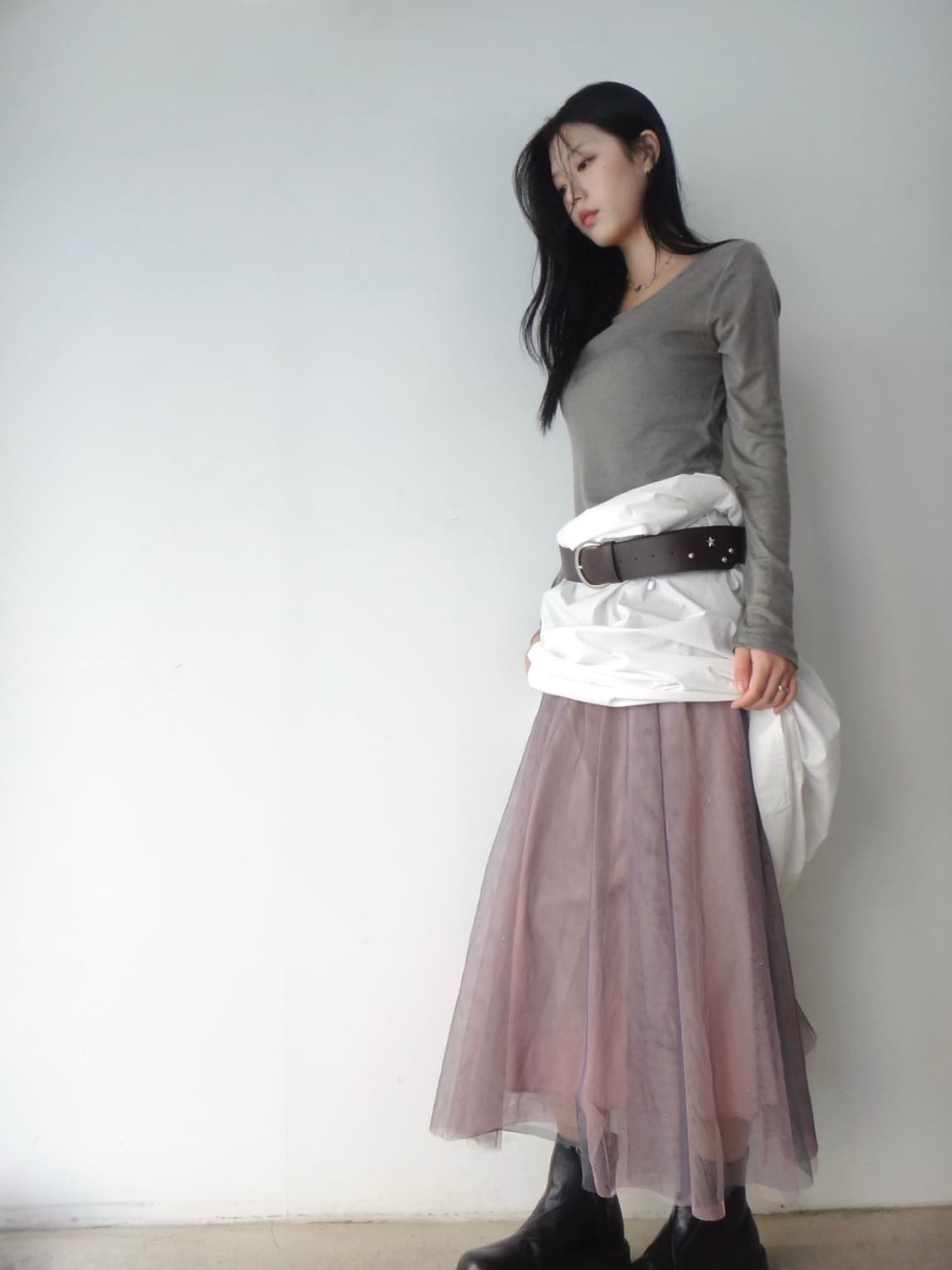 Mesh 2 layered rose skirt / grey & pink 상품이미지4