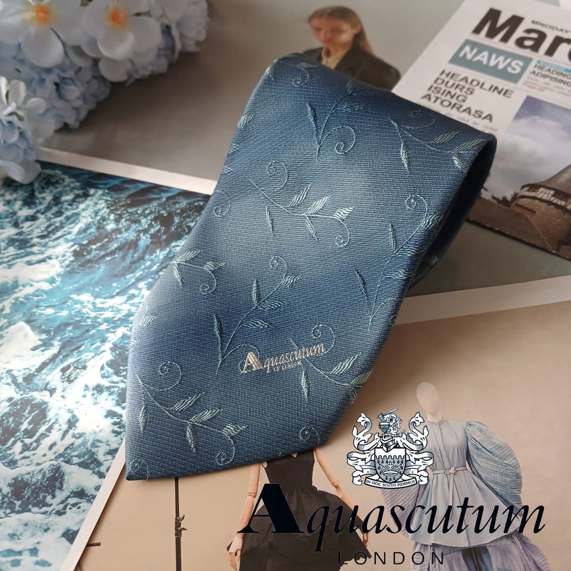 아쿠아스큐텀 실크 블루 자카드 패턴 넥타이 9.3cm A등급 A19560 상품이미지1