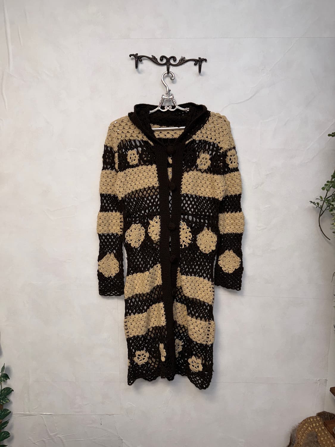 Beige brown flower crochet hood cardigan 상품이미지3