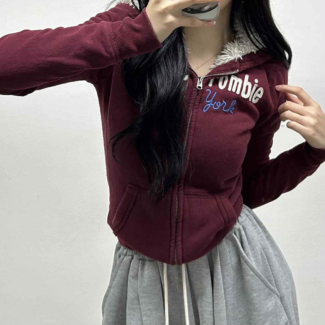 아베크롬비 y2k 버건디 여리핏 울프죠 양털 대장급 후드집업 희귀져지 상품이미지1