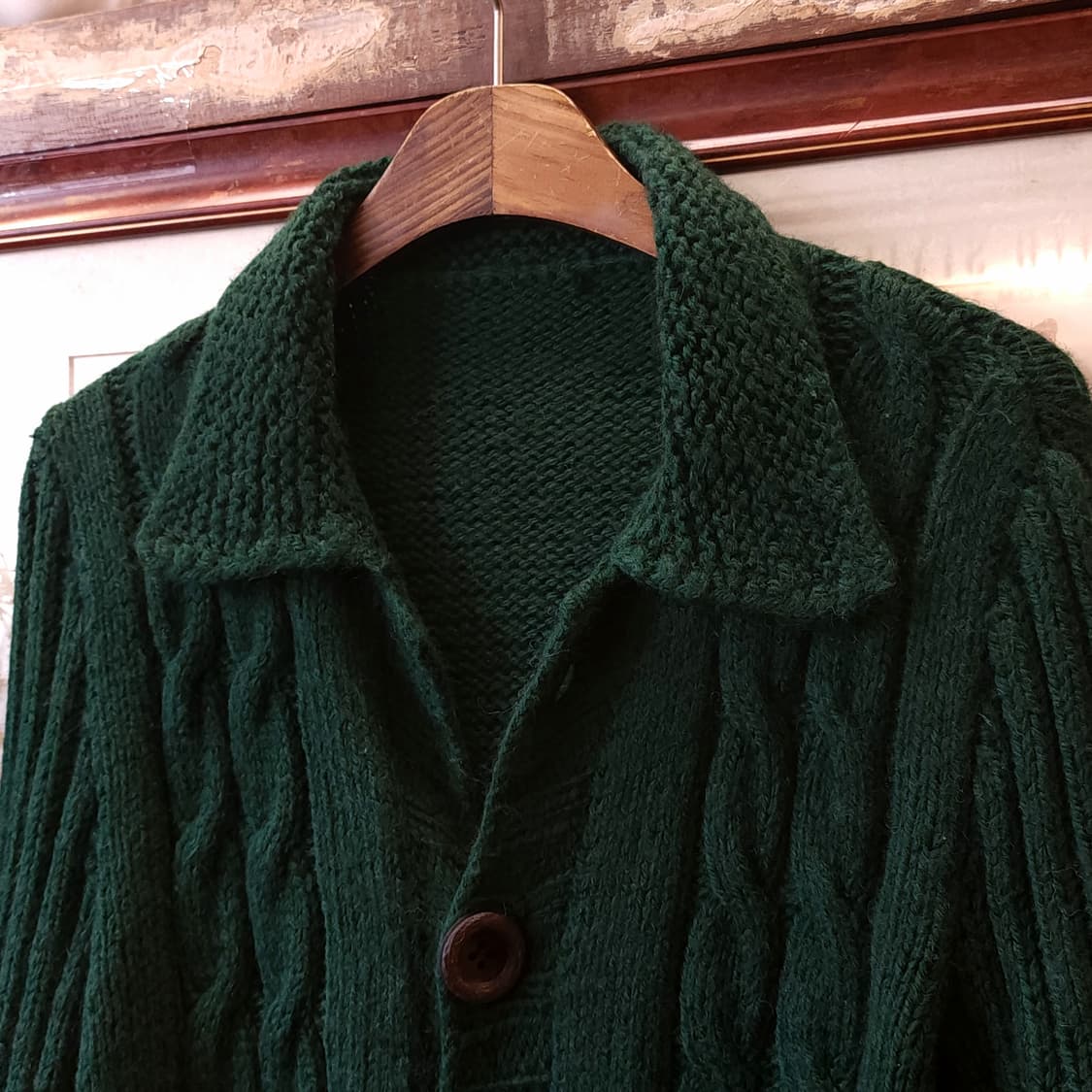 90s 프렌치 핸드메이드 울 가디건 스웨터 케이블 패턴 포레스트 그린 상품이미지4