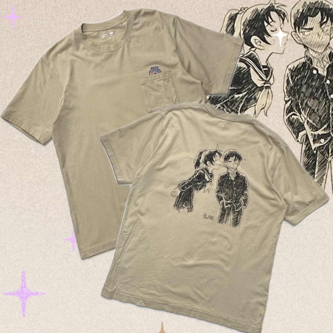 재팬 유니클로 UT 빈티지 명탐정 코난 베이지 라운드 반팔 티셔츠 상품이미지1