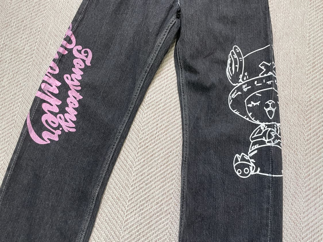 원피스 프린팅 밑단 체크 쵸파 데님 팬츠 J04092 상품이미지2