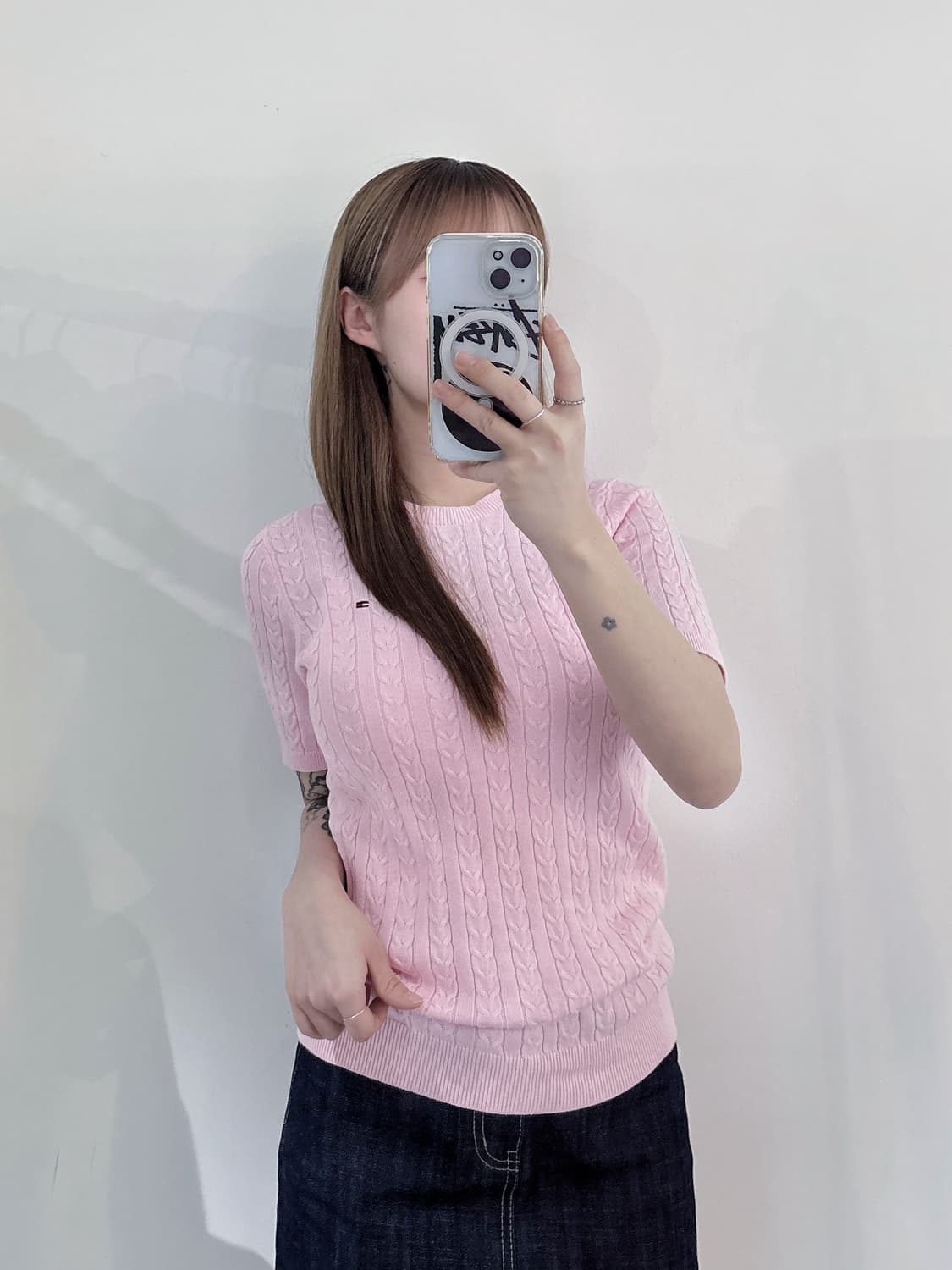 타미힐피거 스몰로고 베이비핑크 케이블 반팔 니트 상품이미지2