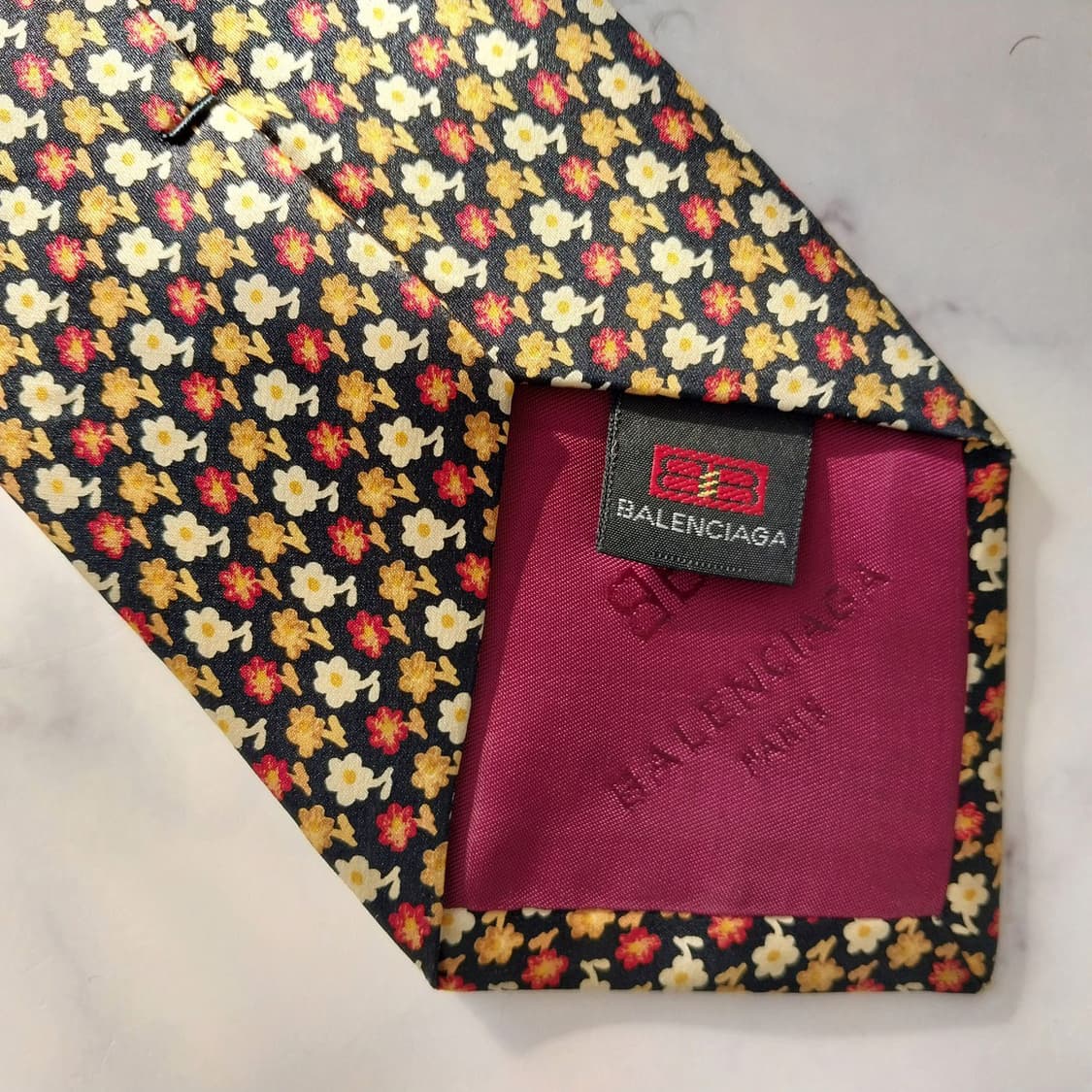 발렌시아가 실크 블랙&옐로우 플로럴 넥타이 9.5cm A+등급 K1403 상품이미지10