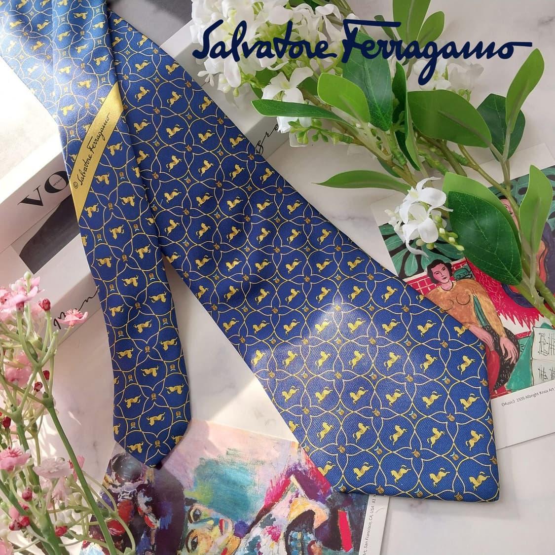 살바토레 페라가모 실크 블루 말 패턴 넥타이 10cm A등급 K1591
 상품이미지1