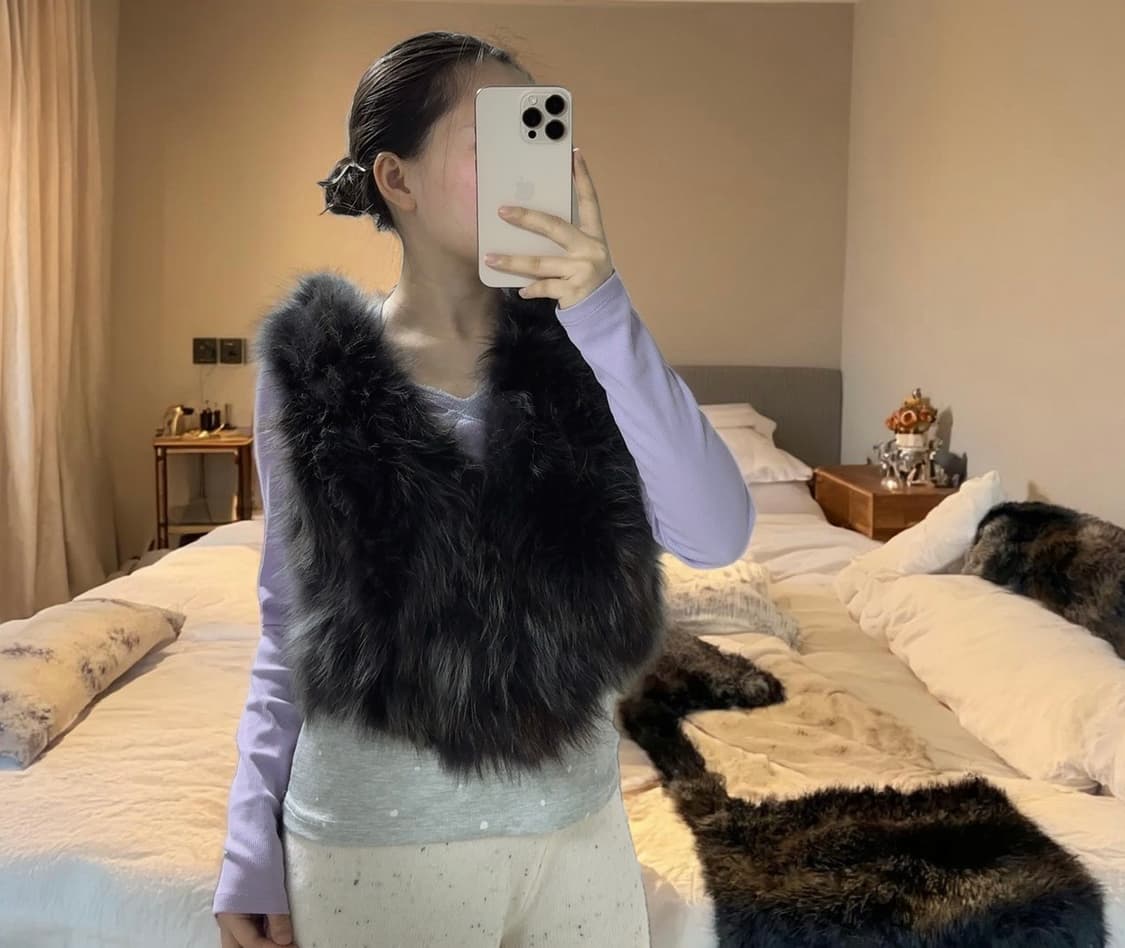 빈티지 다크 그레이 너구리털 라쿤퍼 조끼 베스트 상품이미지4