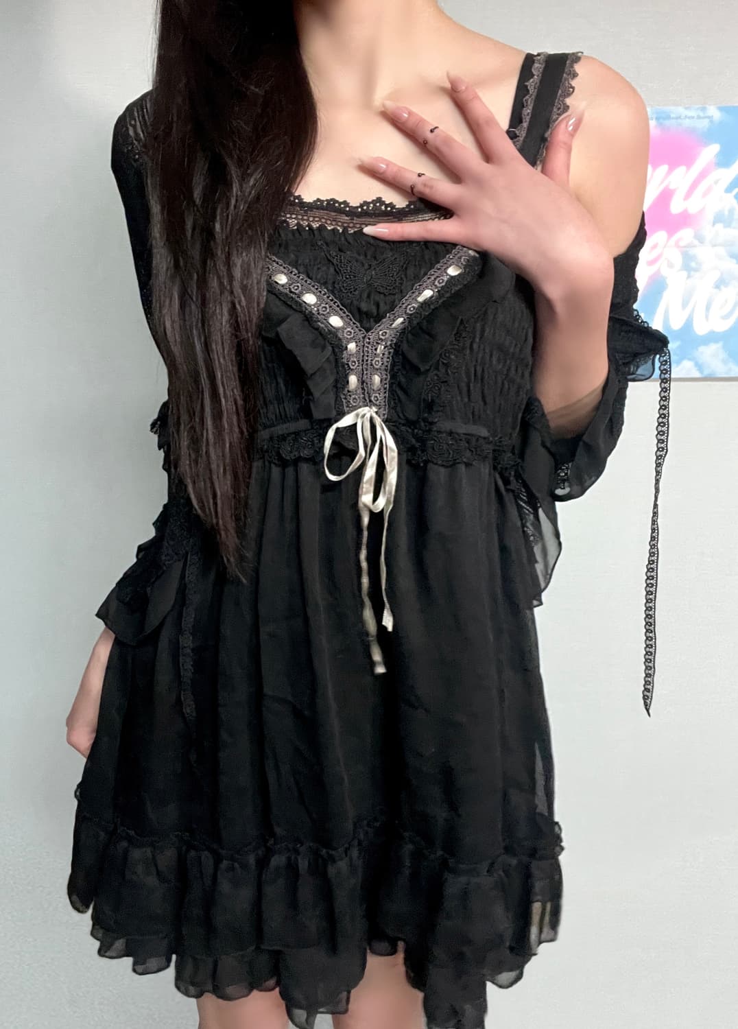 엑시즈팜 엔틱 에스닉 나비 자수 레이스 슬리브리스 쉬폰 블랙 원피스 상품이미지4