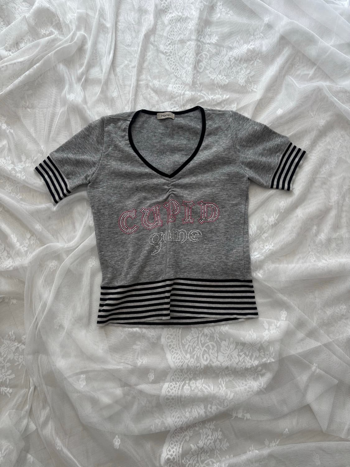 y2k 핑크 비즈 그레이 반팔티 상품이미지1