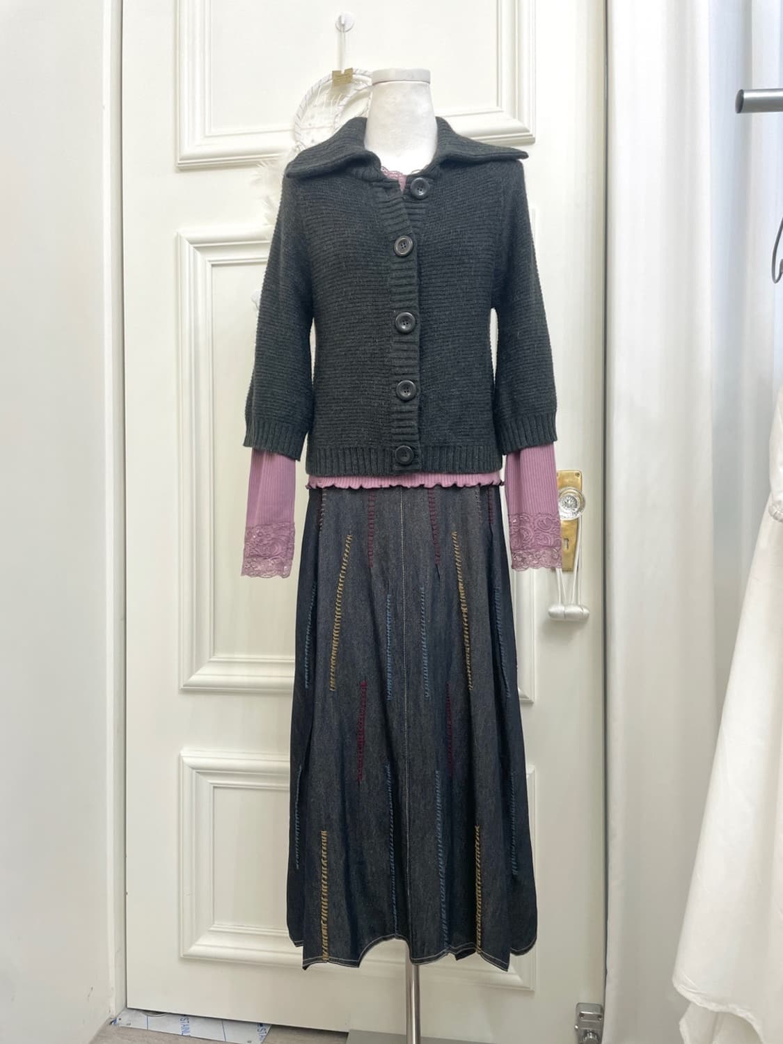 denim flare embroidery point long skirt 상품이미지6