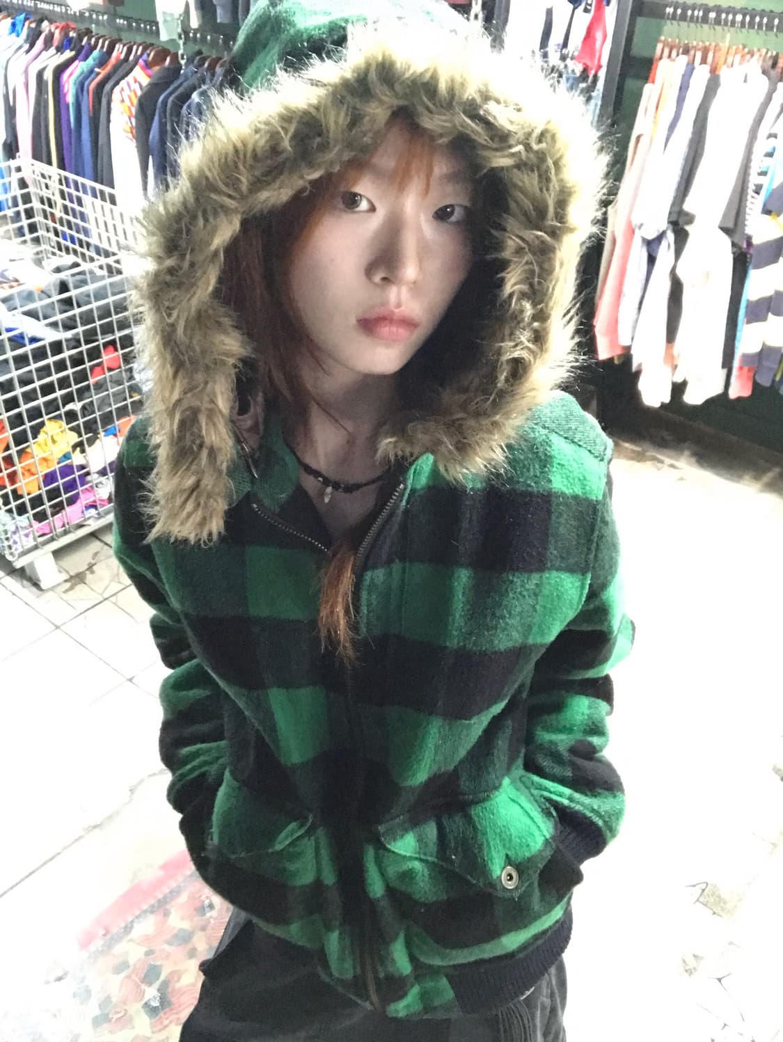 빈티지 탄지로 깅엄 체크 후드 점퍼 카고 팬츠 스트릿 코디 세트 상품이미지1