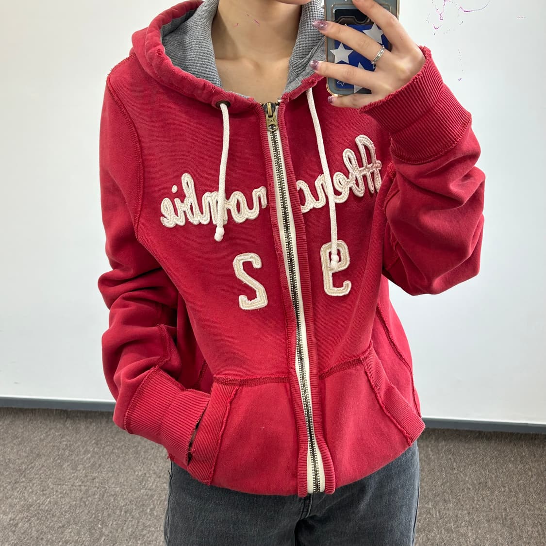 Abercrombie 아베크롬비 그런지 스펠아웃 로고 레드 후드집업  상품이미지2