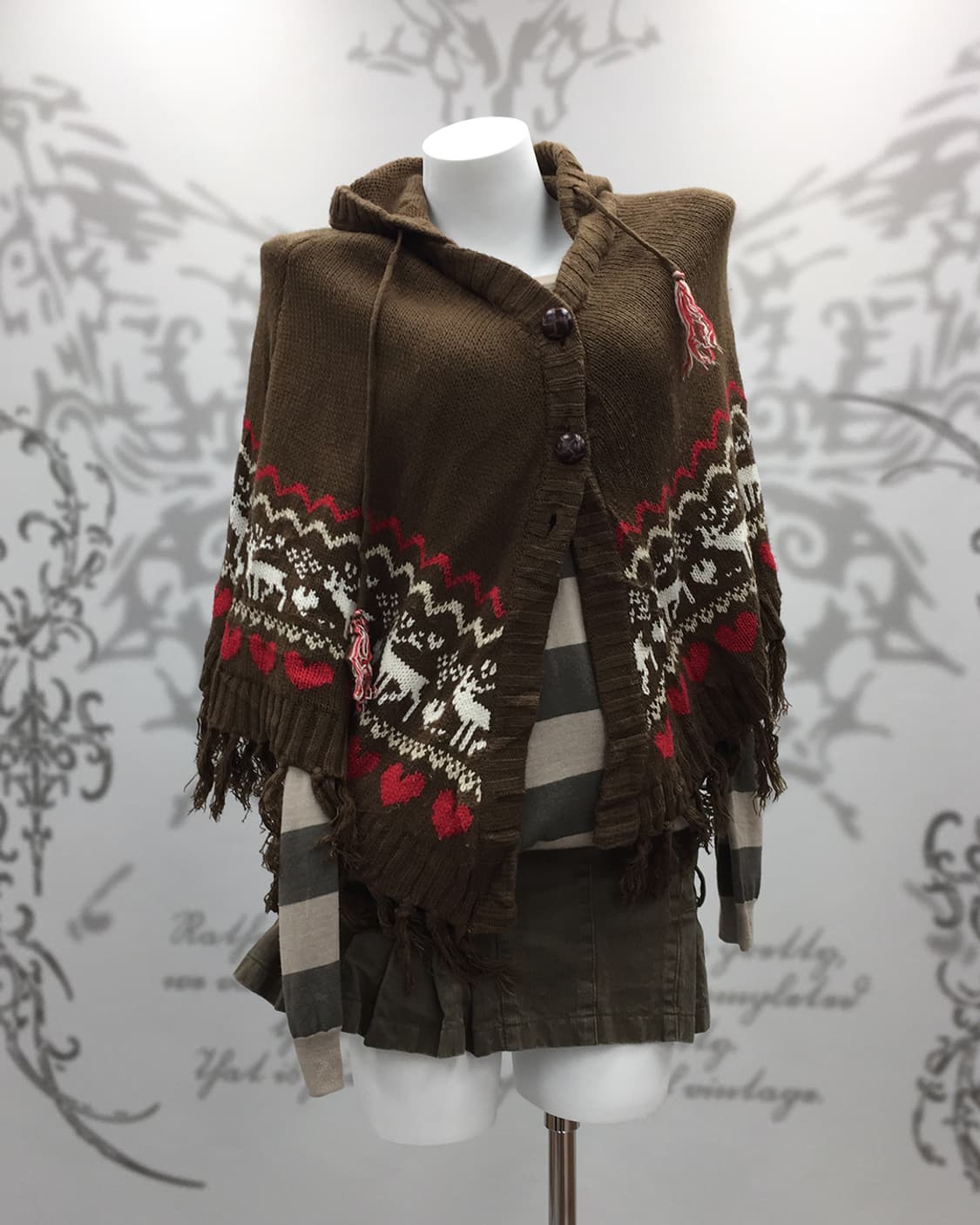 Nordic pattern fringe hooded knit cape 상품이미지1