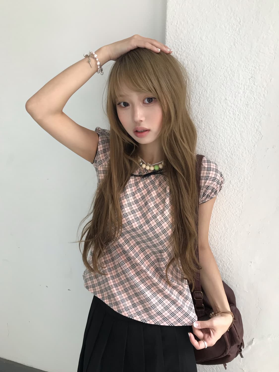 버버리 핑크 체크 퍼프 데일리 프레피 코디세트 상품이미지4