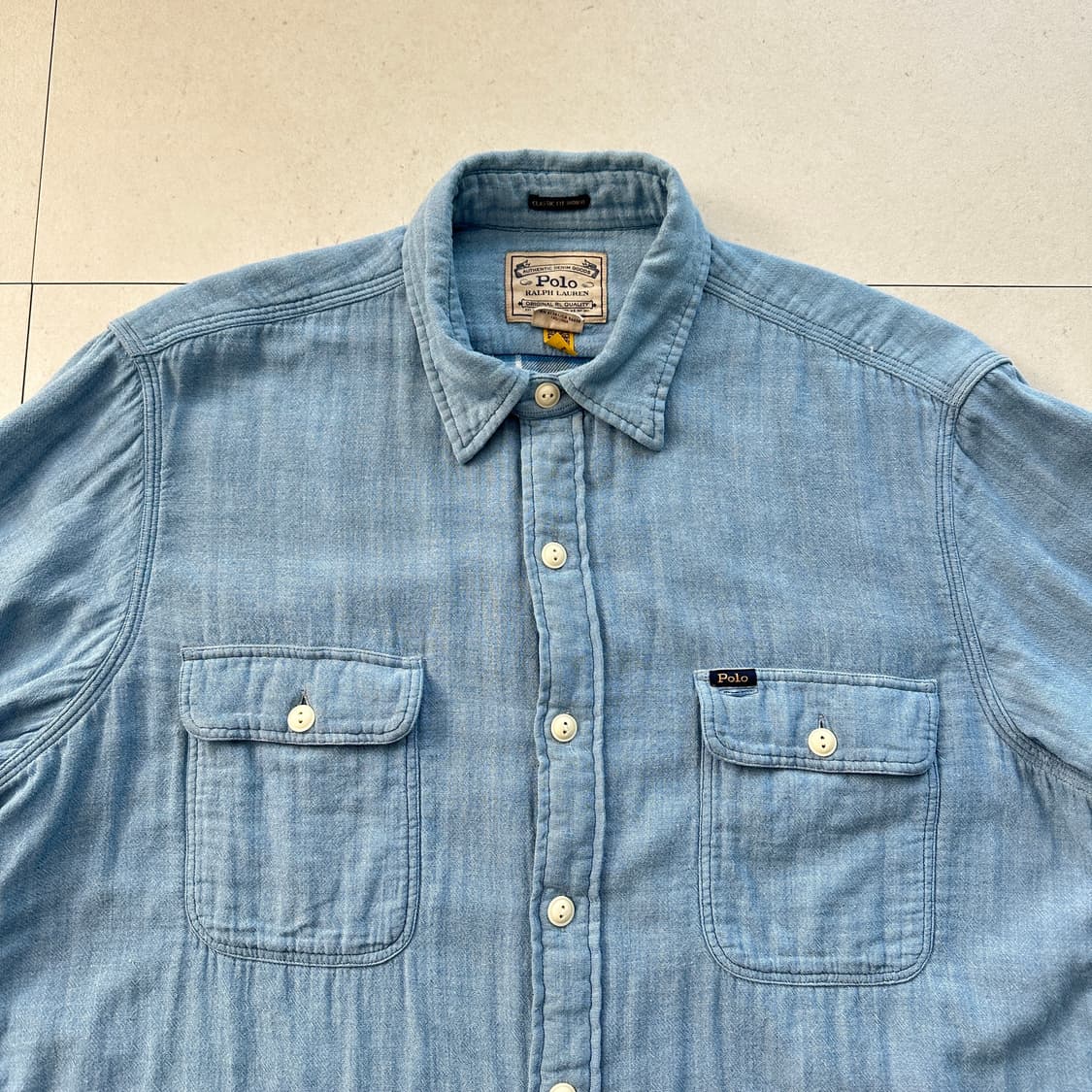 폴로 랄프로렌 클래식핏 인디고 샴브레이 이중구조 셔츠 L QR인증  상품이미지3