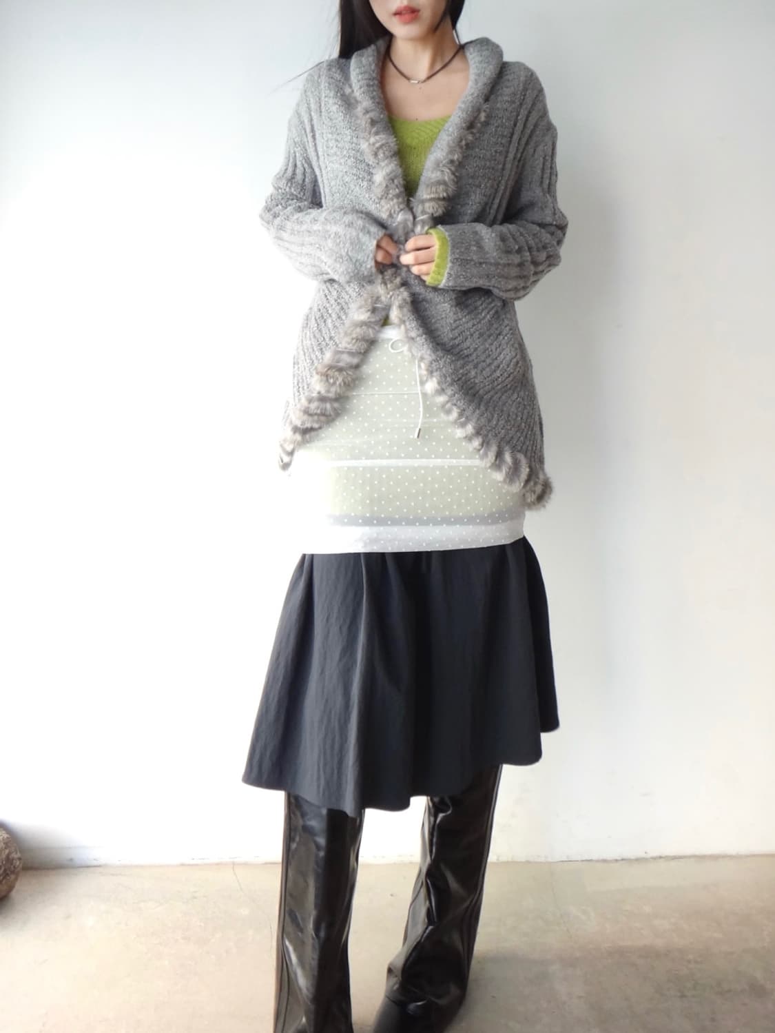 Rabbit fur trimming open cardigan / grey 상품이미지5
