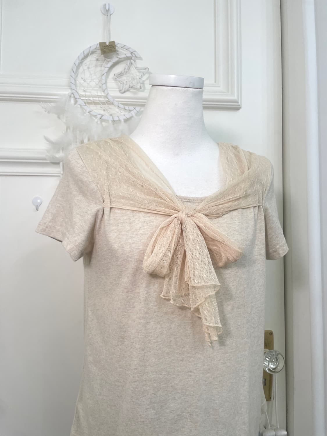 oatmeal dot lace bow point back shirring 상품이미지6