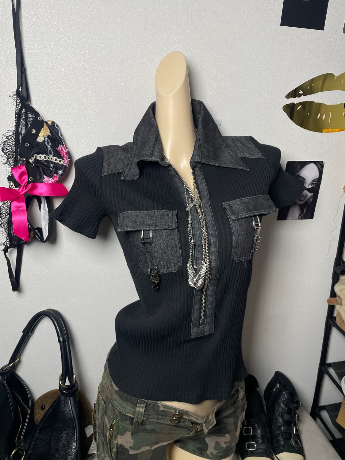 흑청 데님 골지 탑 상품이미지1