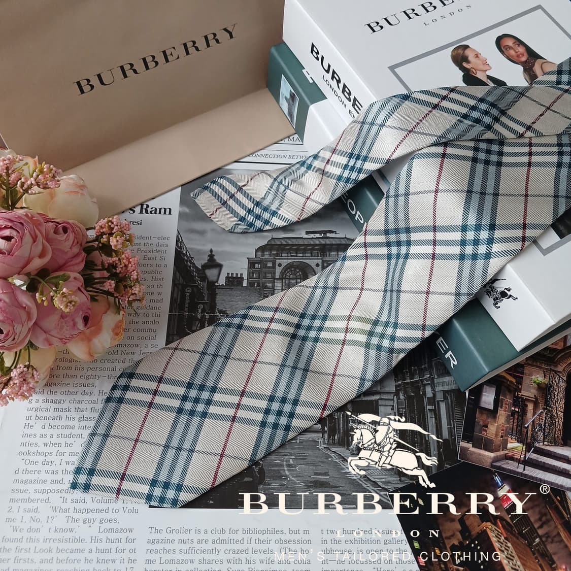 버버리 실크 베이지 체크 패턴 넥타이 8.5cm A등급 E890 상품이미지2