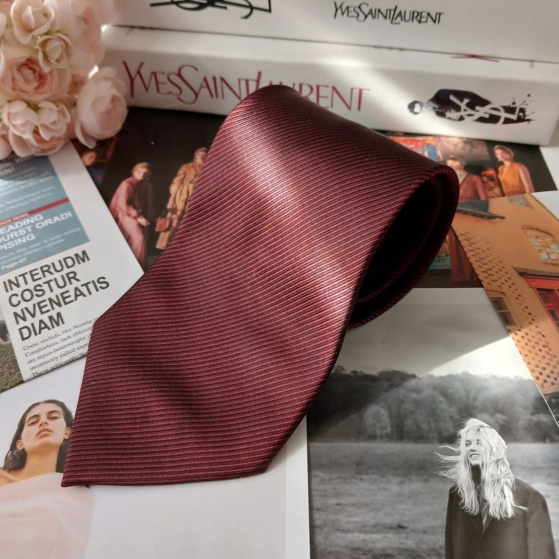 입생로랑 실크 버건디 스트라이프 넥타이 10.1cm A+등급 A18999 상품이미지2