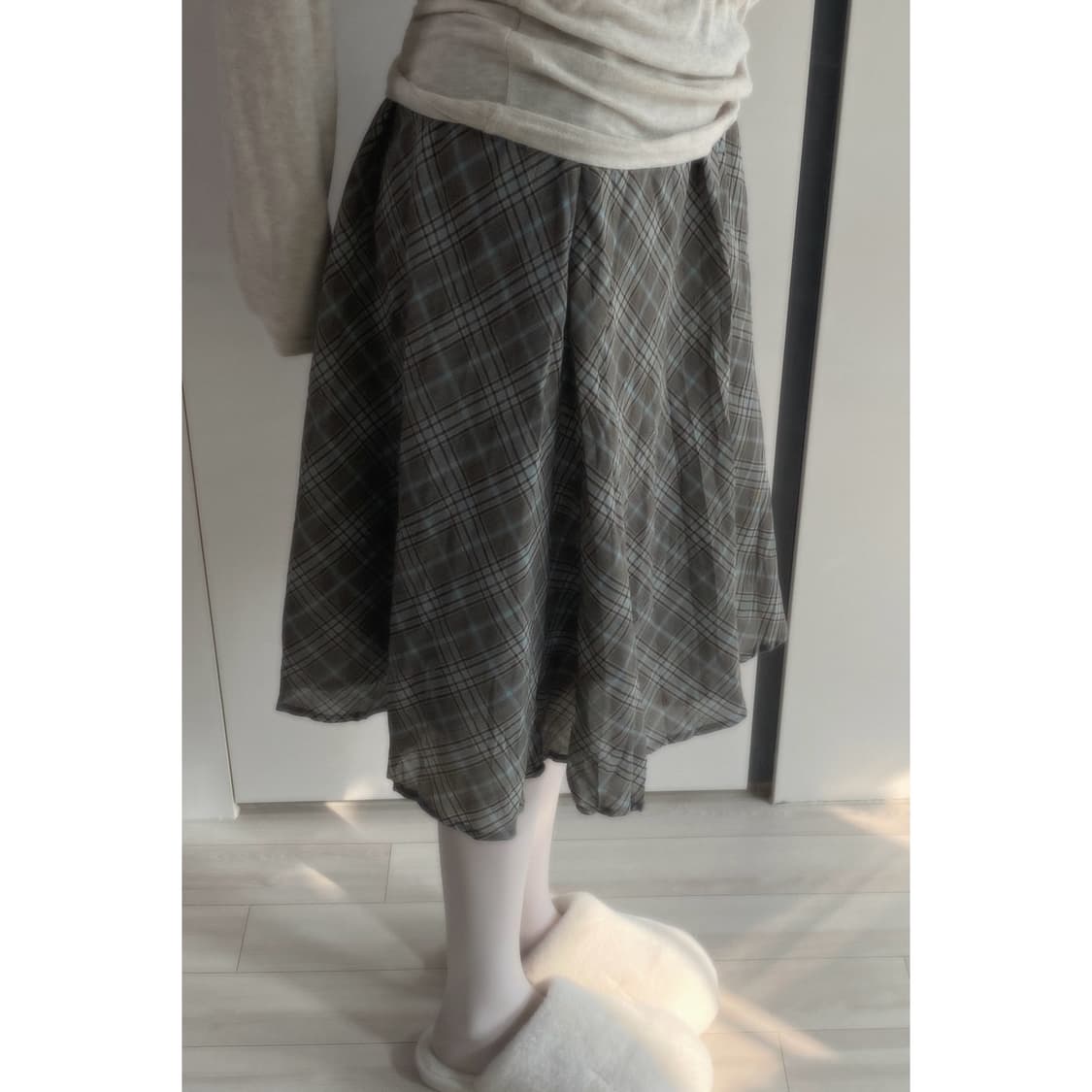 빈티지 체크 미디 스커트 / 브라운 민트 플레어 상품이미지1