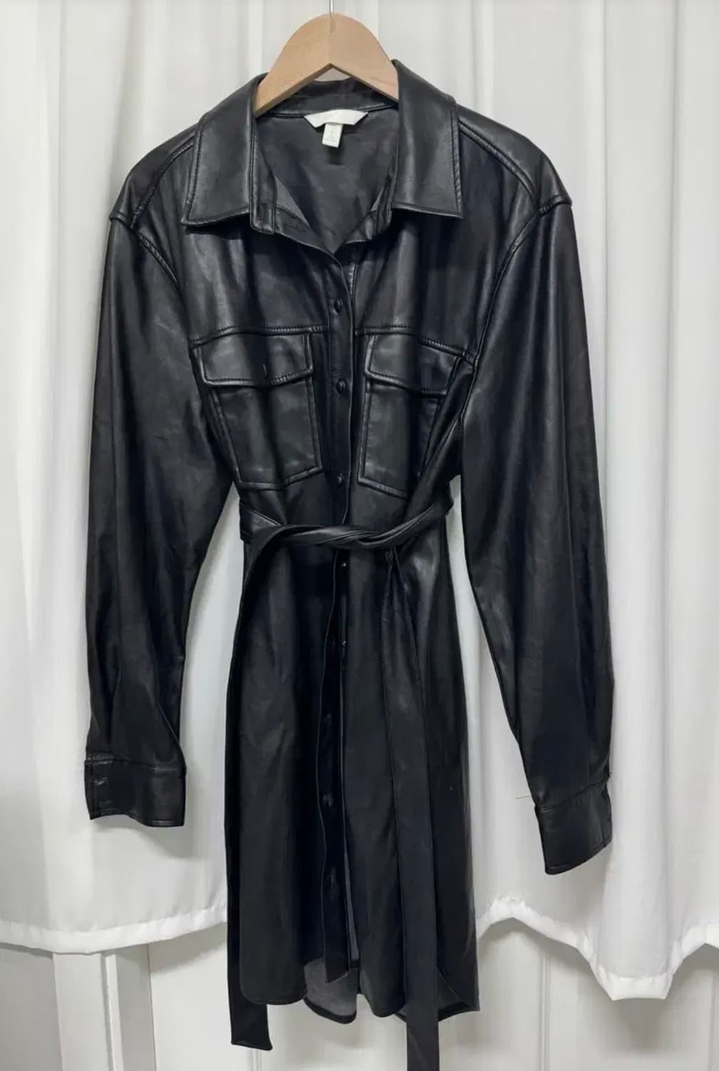 H&M 블랙 레더 셔츠형 롱 자켓 ops 상품이미지5