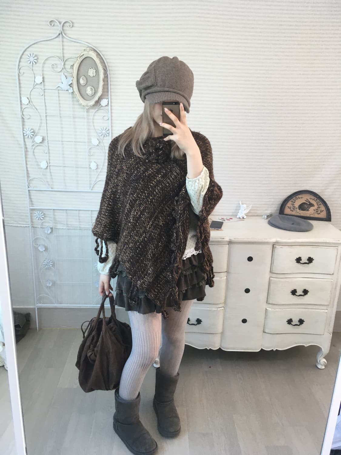 일본빈티지 브라운 플라워 코사지 케이프 상품이미지3