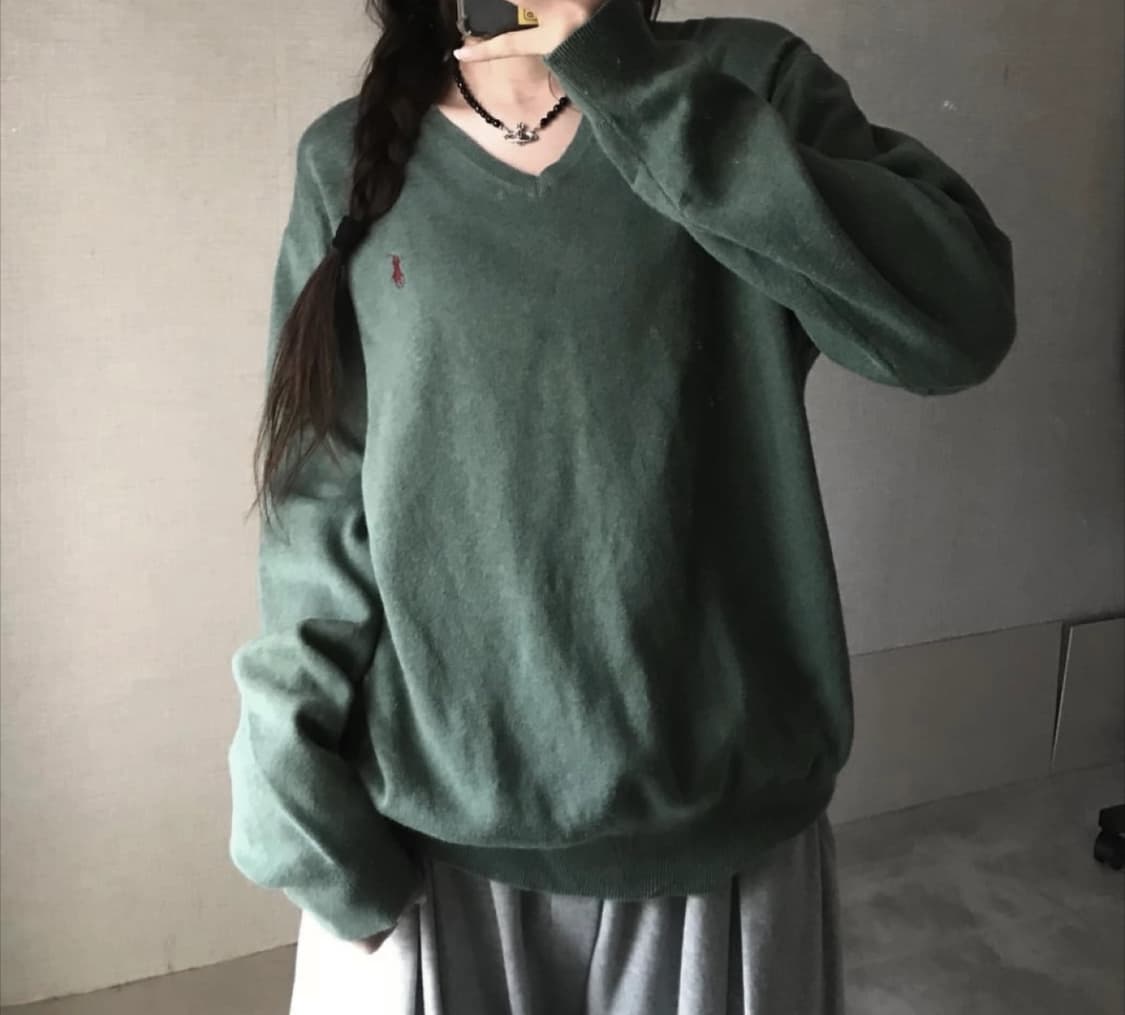 폴로 피마코튼 브이넥 니트 올리브그린 상품이미지1