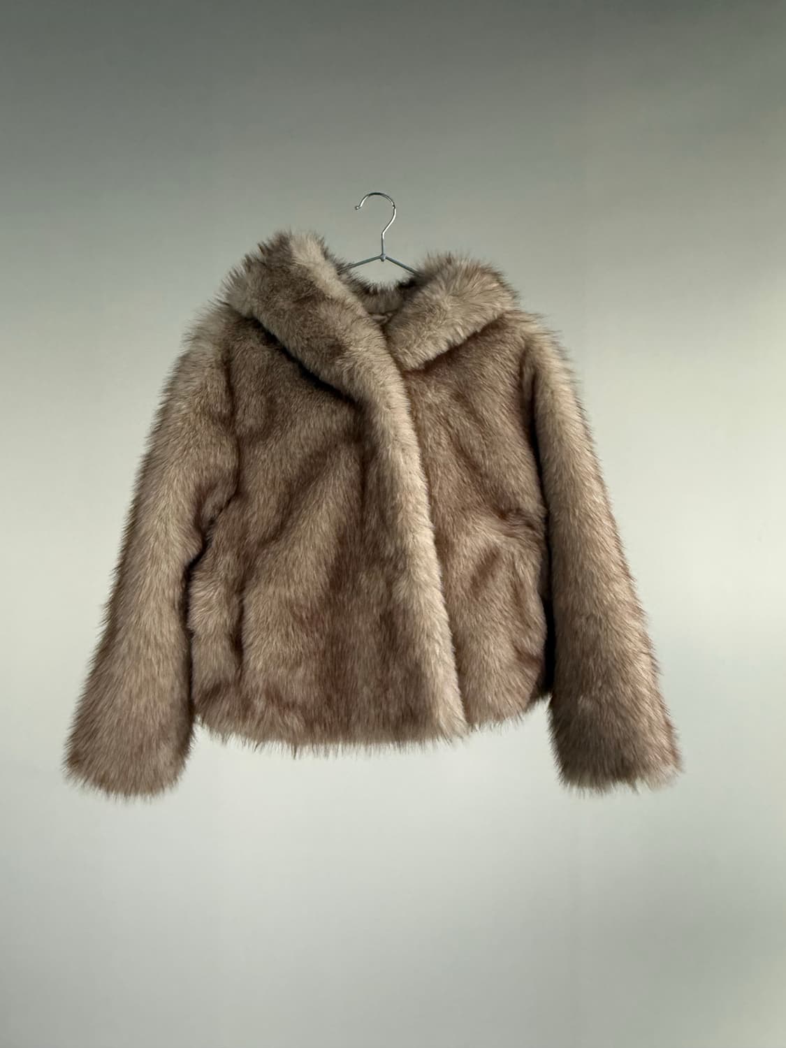 베이지브라운 후드 에코 퍼 자켓 상품이미지3