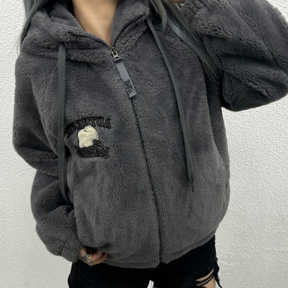 지프 곰돌이 패치로고 차콜 후리스 후드집업 S 상품이미지2