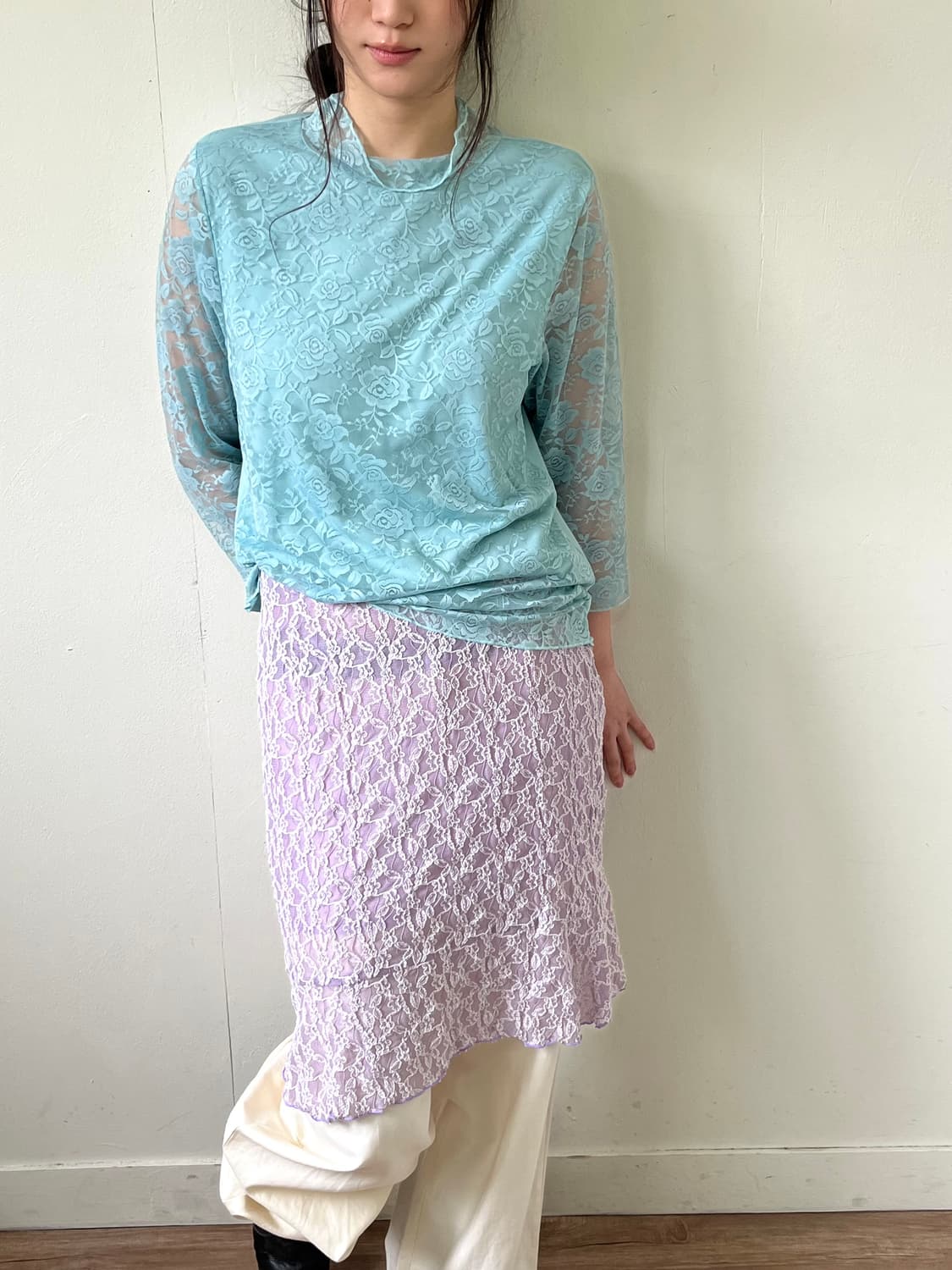 Jqpan vtg 플라워 시스루 민트 터틀넥 상품이미지6