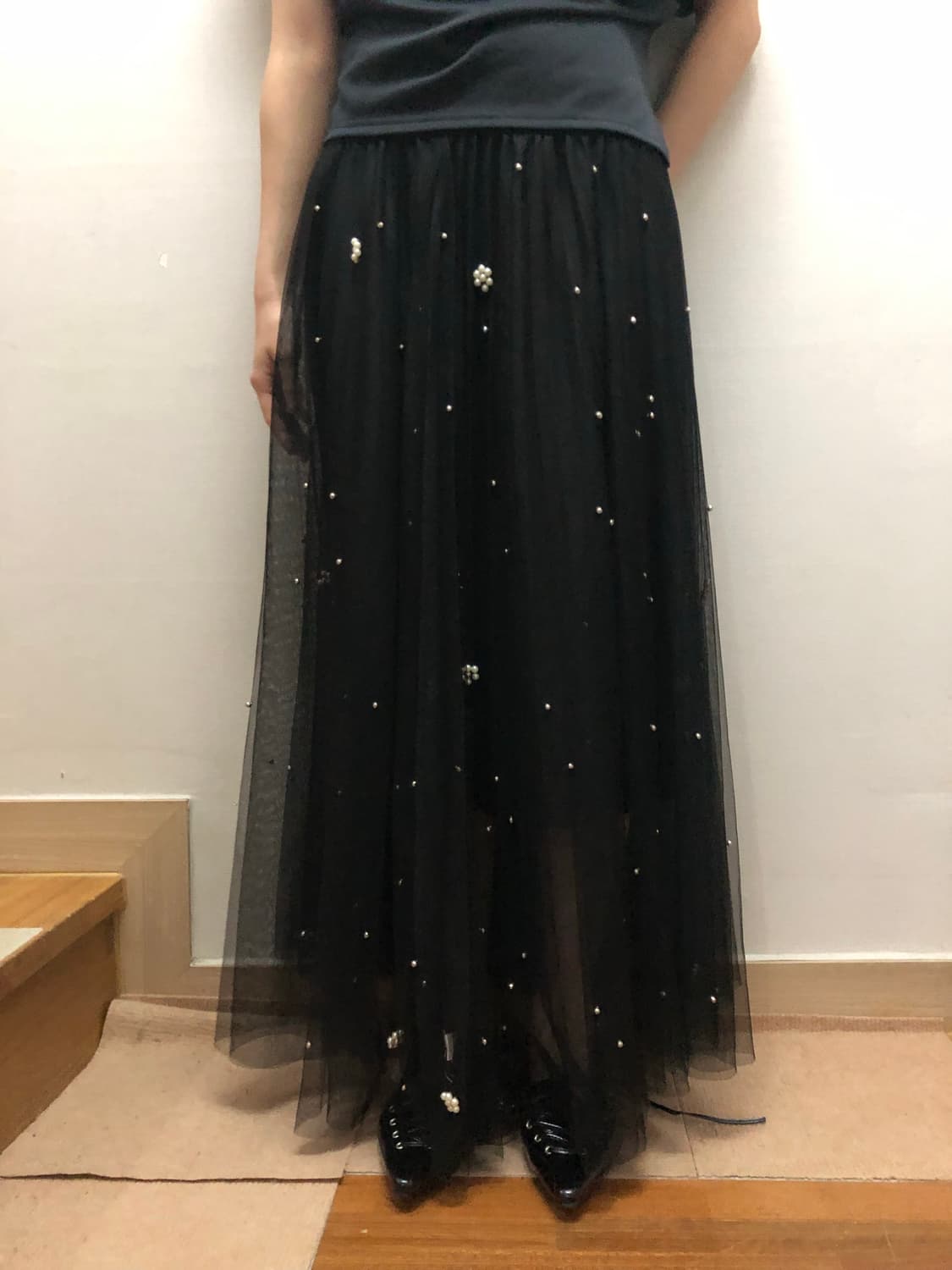 빈티지 블랙 레이스 펄 롱 스커트 상품이미지4