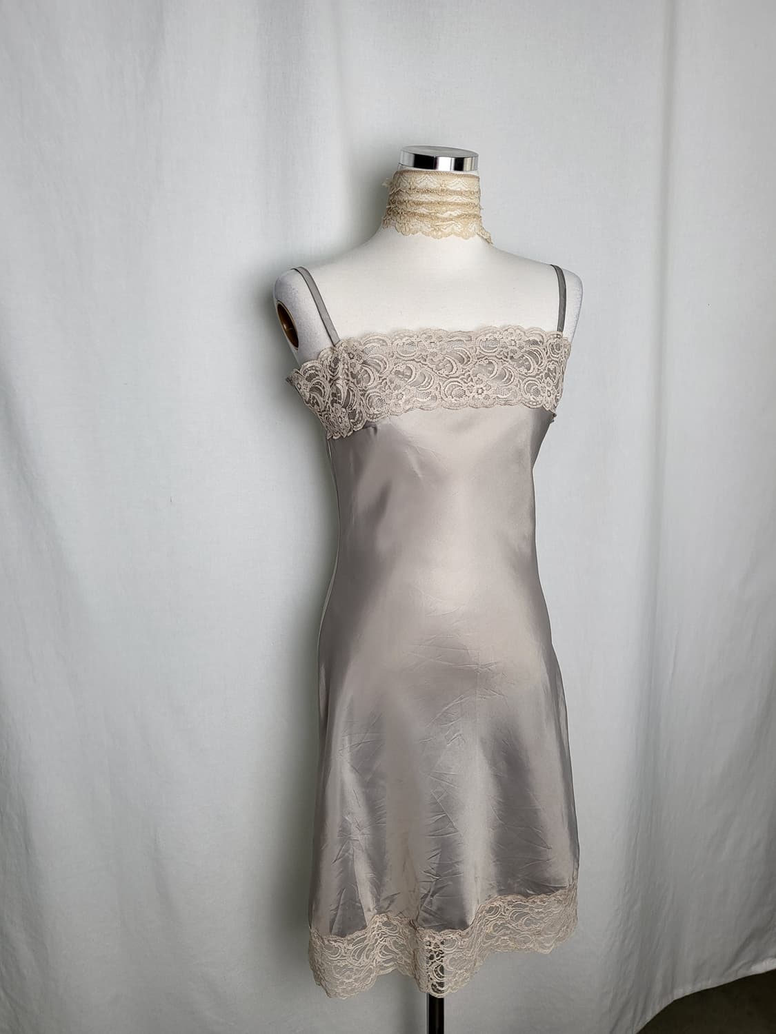 빈티지 실버 베이지 새틴 슬립 원피스 상품이미지2
