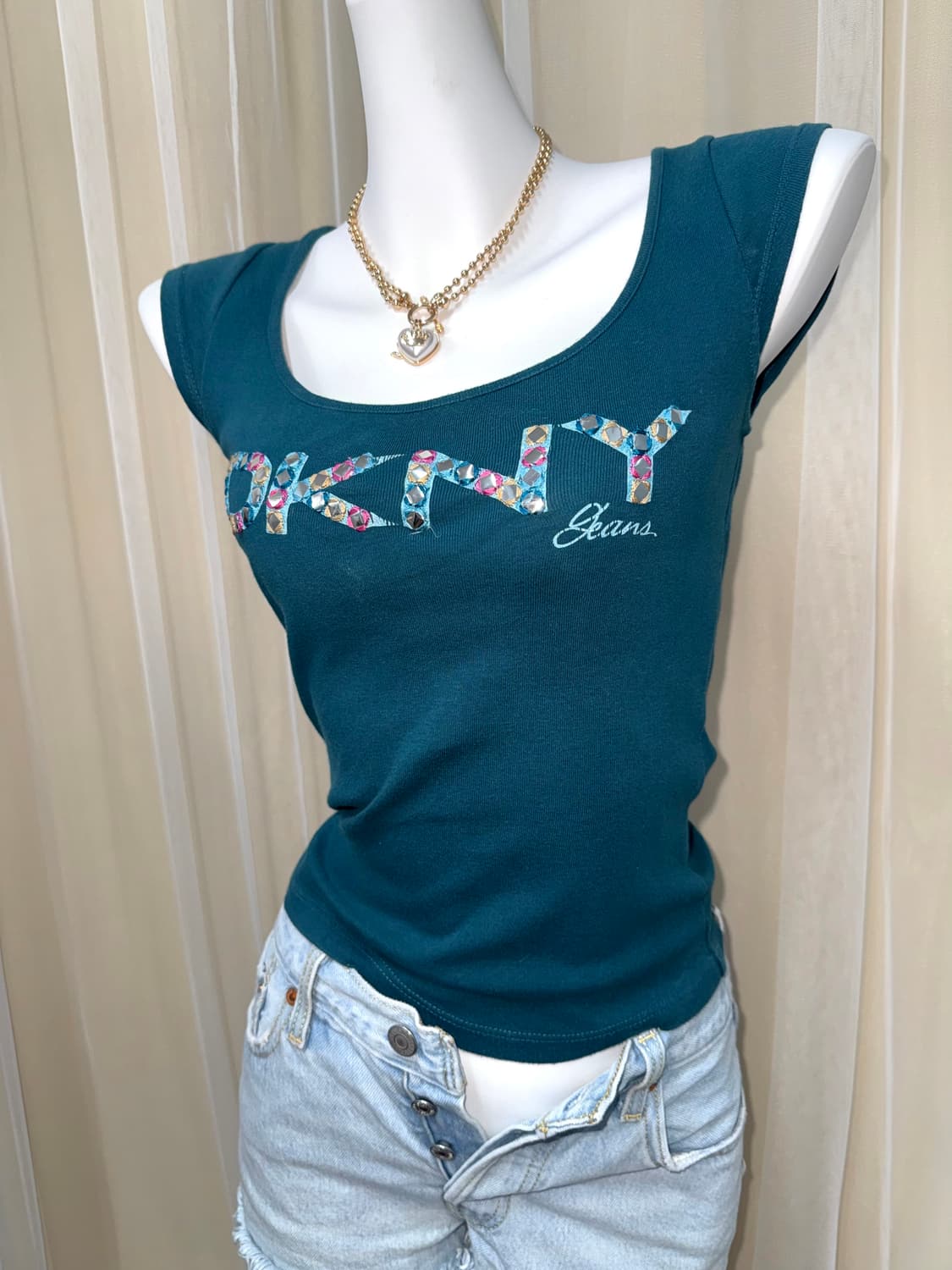 XS DKNY 큐빅 반소매 청록 상품이미지3