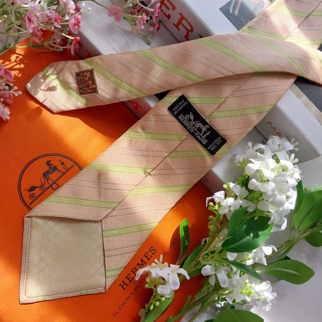 에르메스 실크 살구 스트라이프 넥타이 9.5cm B등급 K2345 상품이미지3