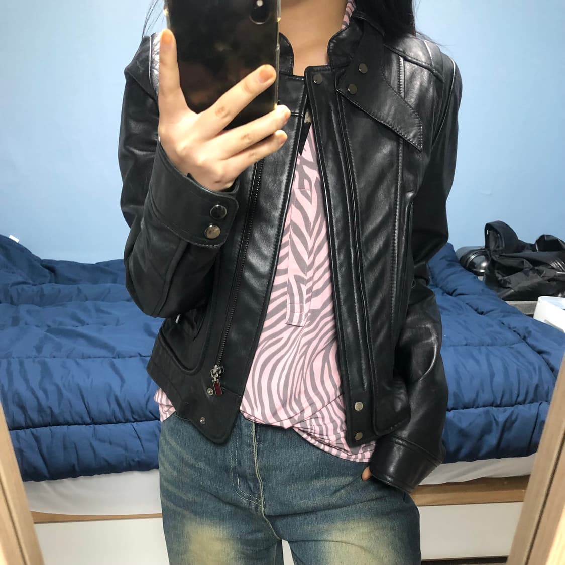 빈티지 구제 y2k 리얼 레더 라이더 크롭 가죽 자켓 상품이미지5