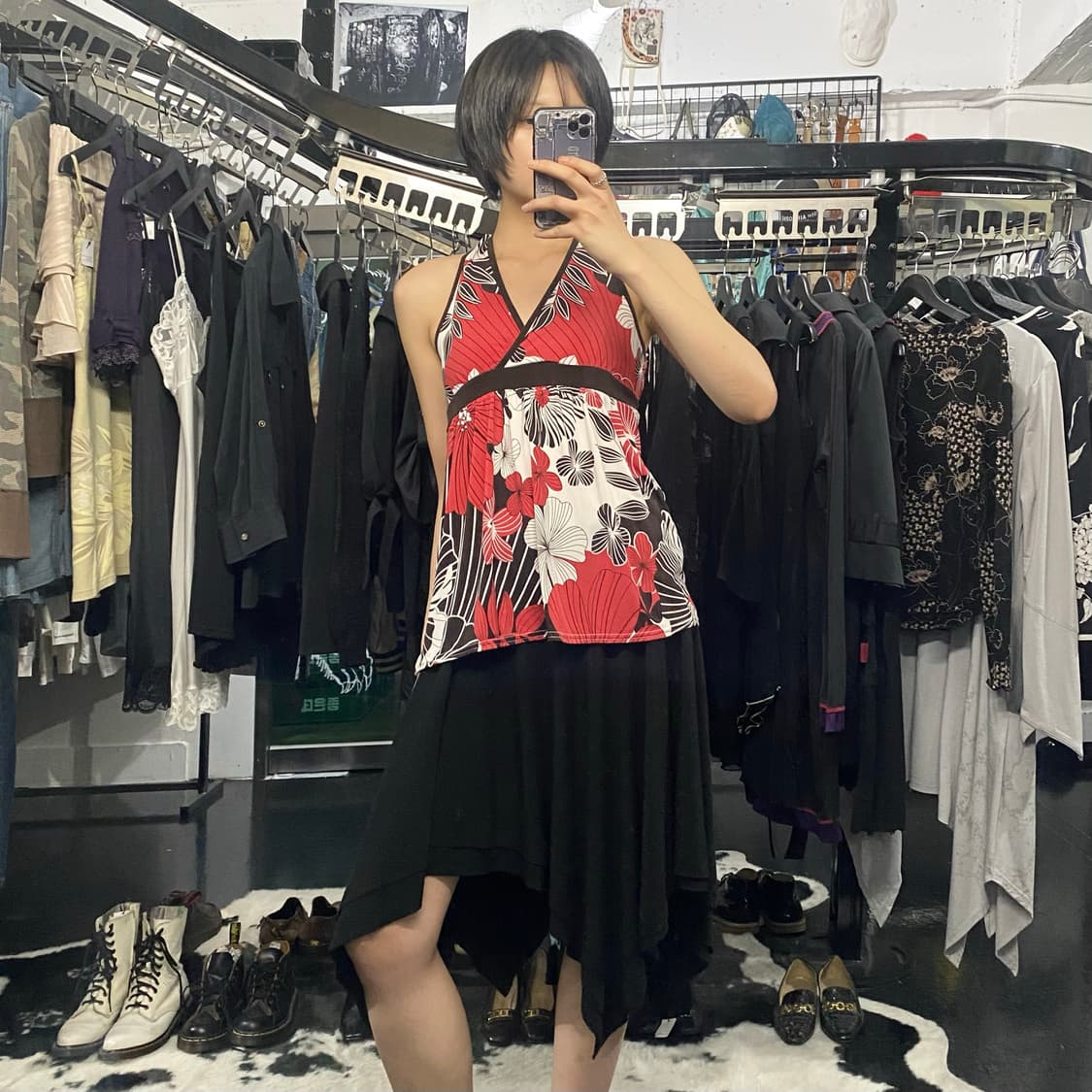 Japanese vtg 레드 플라워 타이 홀터넥 상품이미지7