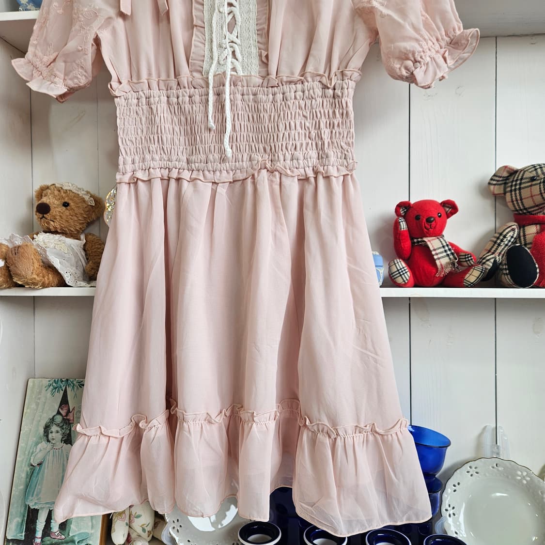 리본숄더 스모크 핑크 원피스 상품이미지3