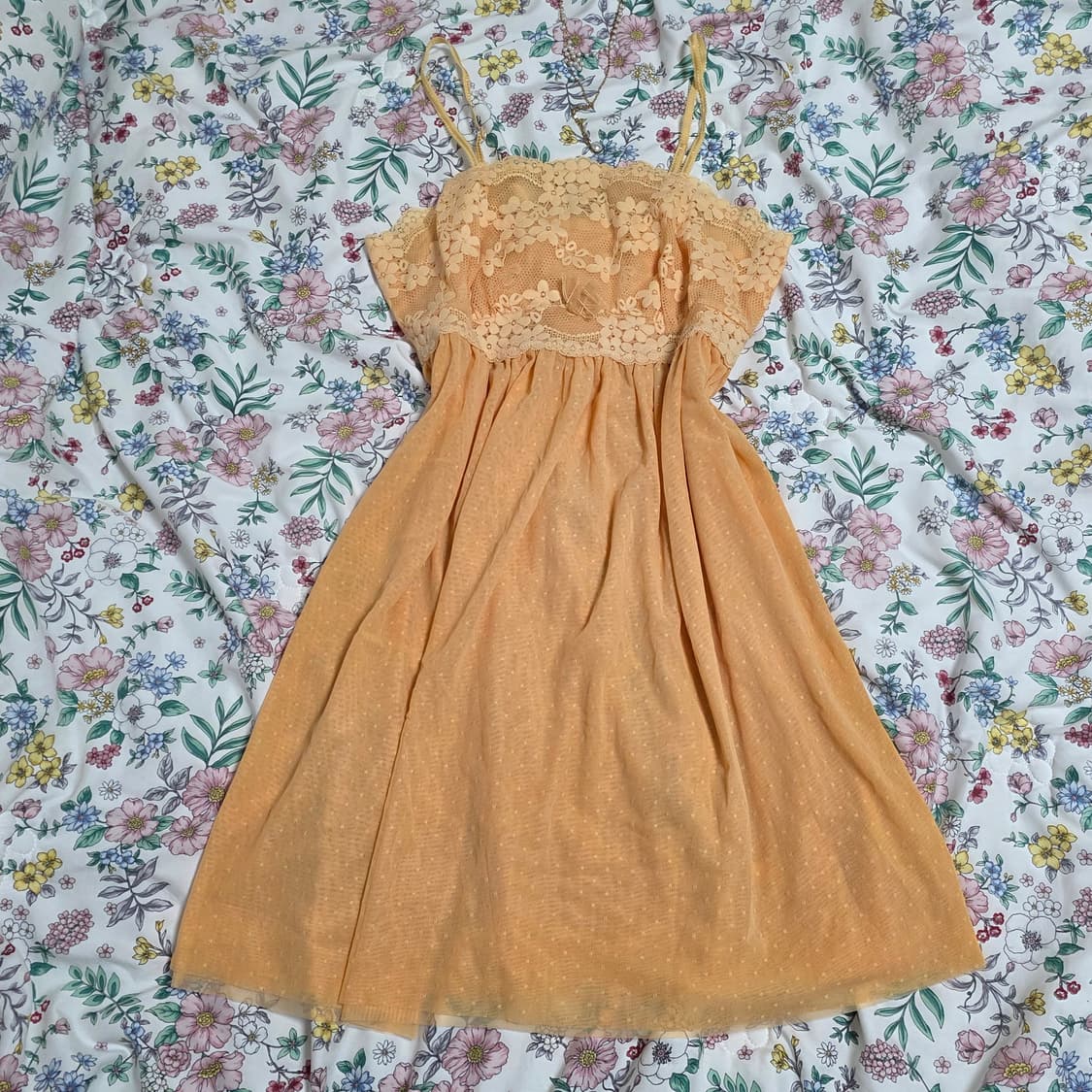 solb 솔브 빈티지)오렌지 플로럴 리본 도트 모리걸 슬립란제리원피스 상품이미지3