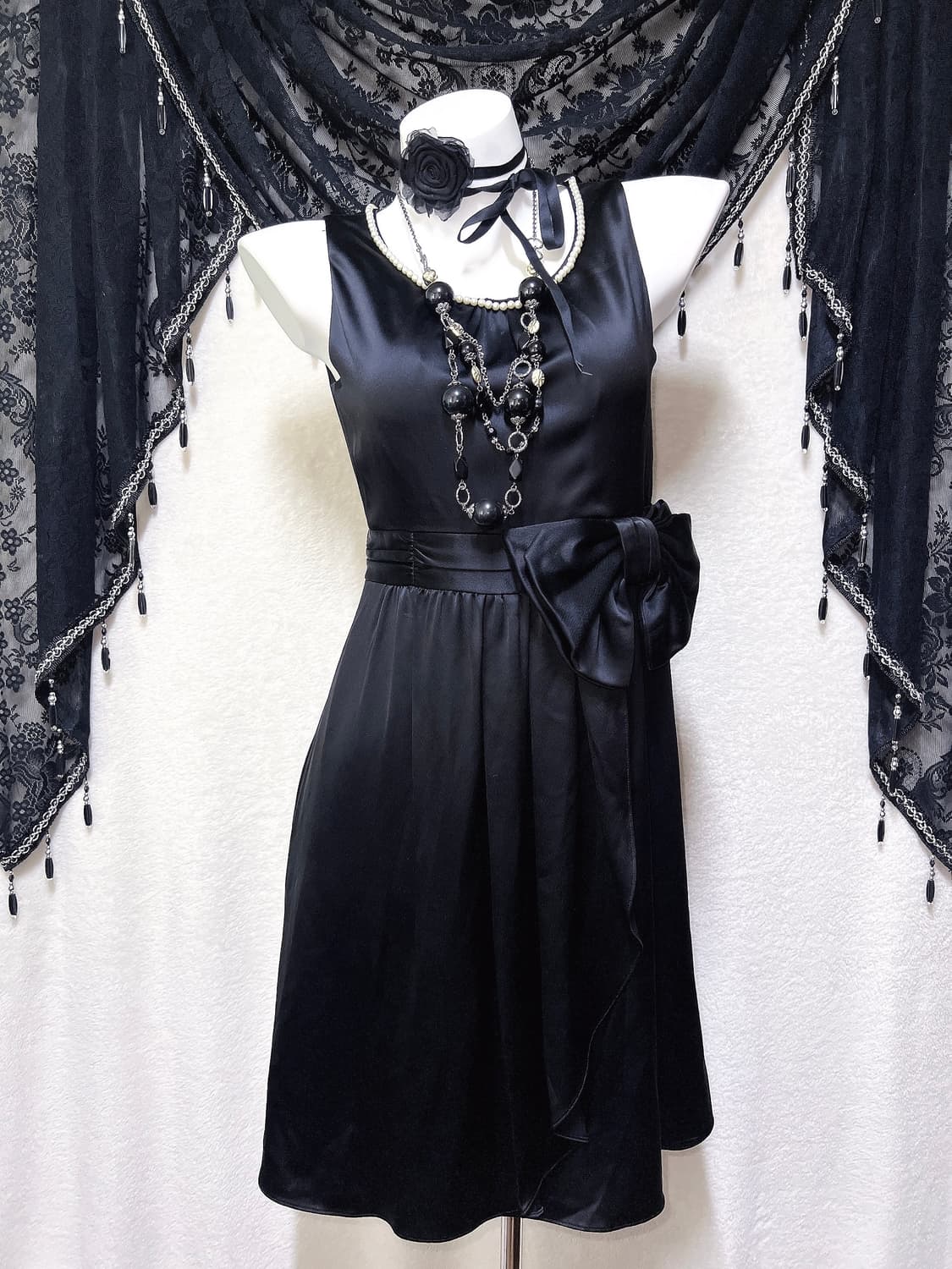 로맨틱고딕 고스 엔틱 블랙 리본 진주 미니드레스 새틴원피스 파티 히메갸루 상품이미지6