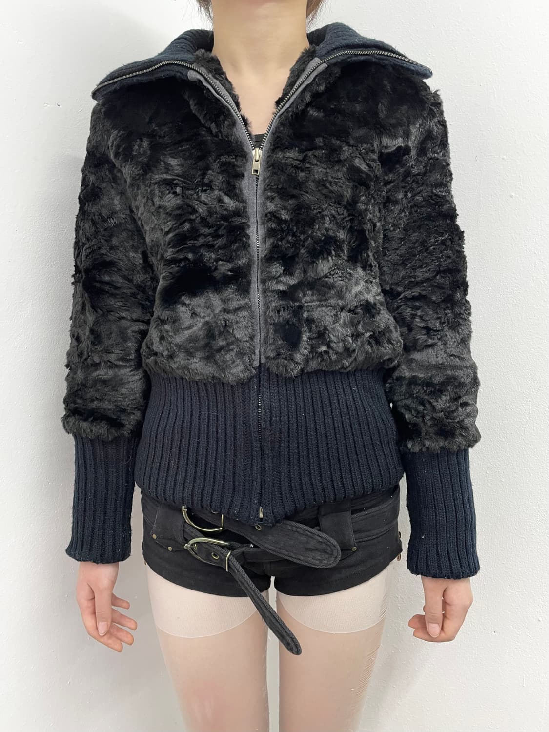 블랙 니팅 퍼 집업 상품이미지1