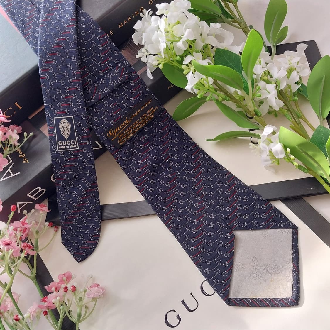 구찌 실크 네이비 홀스빗 패턴 넥타이 8.6cm A등급 K1861 상품이미지6