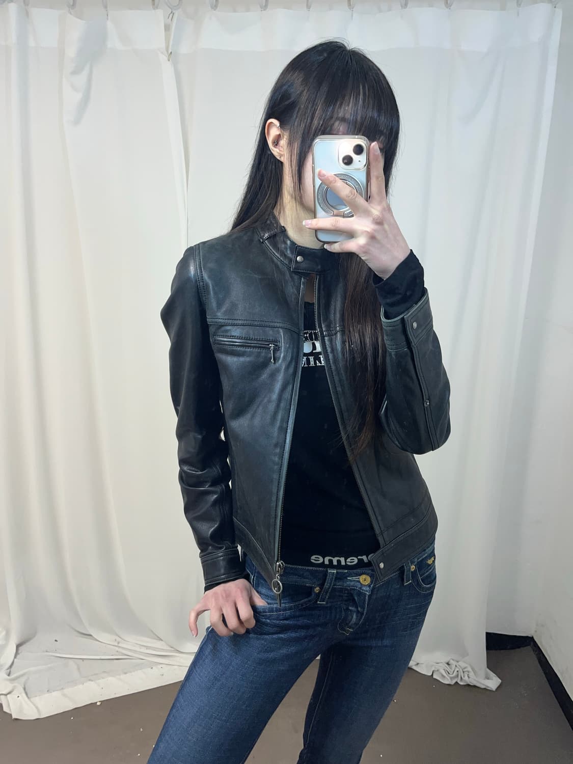 더블 지퍼포켓 블랙 레더 자켓 상품이미지3