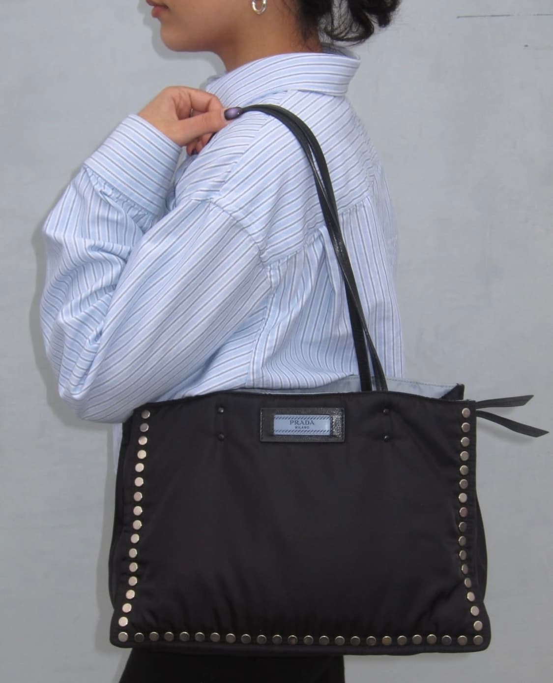 Prada Studded Nylon Etiquette Tote Black 상품이미지1