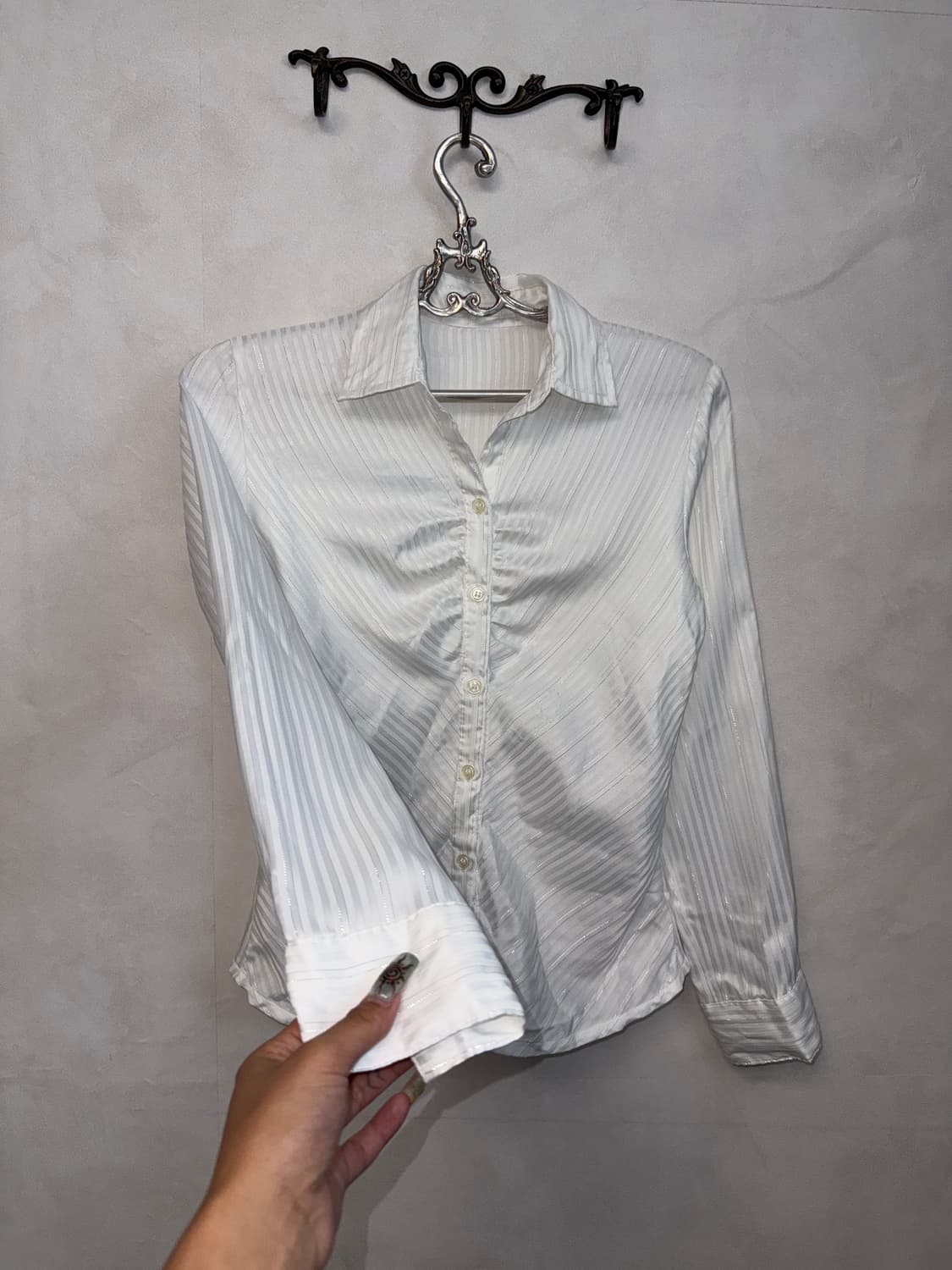 White silver satin shirring blouse 상품이미지2