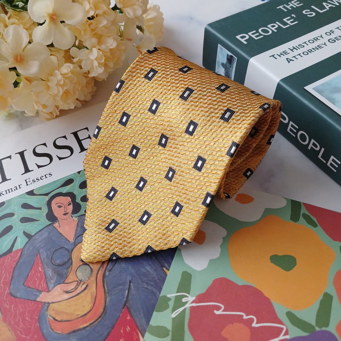 아쿠아스큐텀 실크 옐로우 패턴 넥타이 9.4cm A+등급 E738 상품이미지4