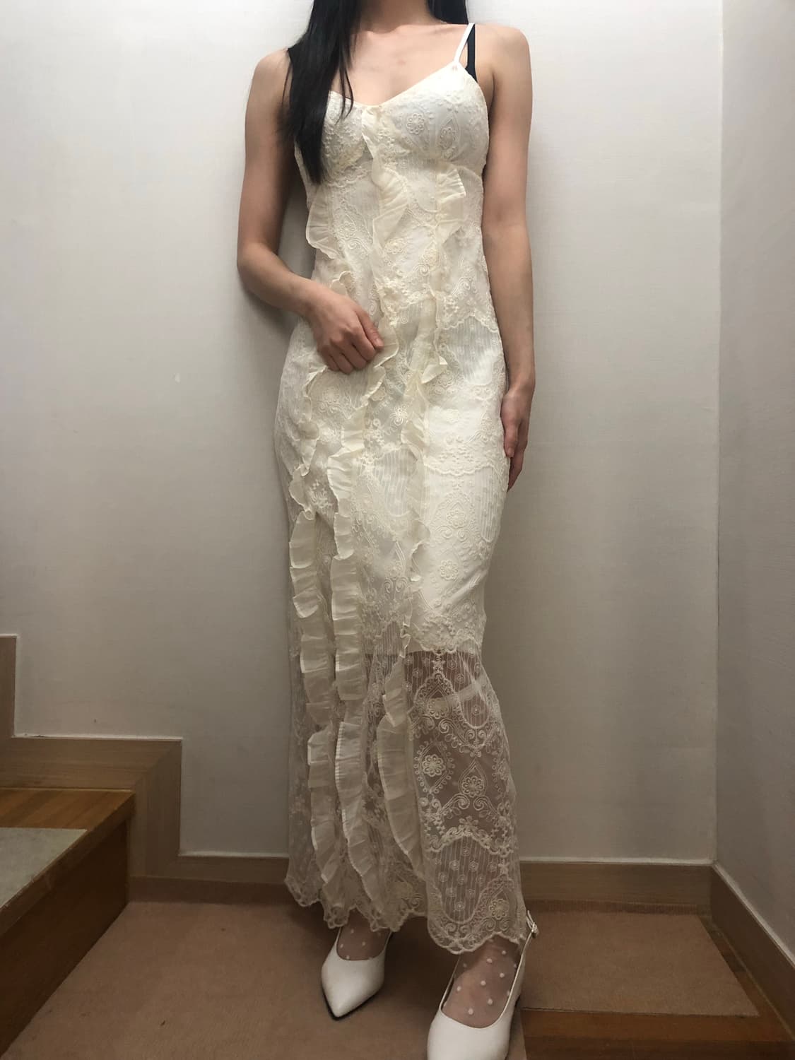 빈티지 아이보리 프릴 레이스 롱 원피스 상품이미지9